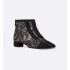 Naughtily-D Heeled Ankle Boot Transparent Mesh with Black Dior Roses Embroidery and Suede Goatskin