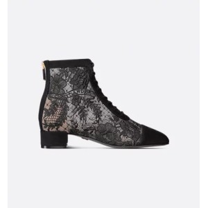 Naughtily-D Heeled Ankle Boot Transparent Mesh with Black Dior Roses Embroidery and Suede Goatskin