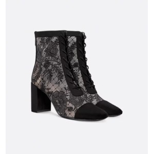 Naughtily-D Heeled Ankle Boot Transparent Mesh with Black Dior Roses Embroidery and Suede Goatskin