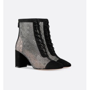 Naughtily-D Heeled Ankle Boot Transparent Mesh with Silver-Tone Strass Cannage Motif and Black Suede Goatskin