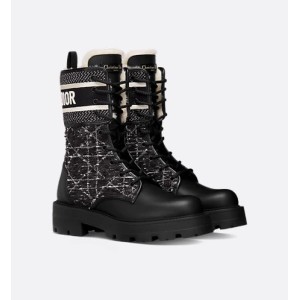 D-Major Ankle Boot Black and White Cannage Tweed, Black Calfskin and Ecru Lambskin Shearling