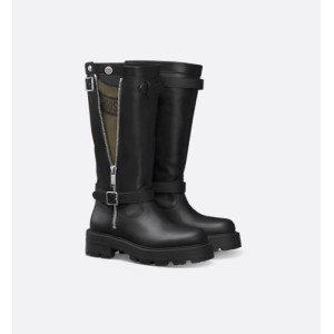 D-Major Boots Black calfskin leather, khaki and black technical fabric