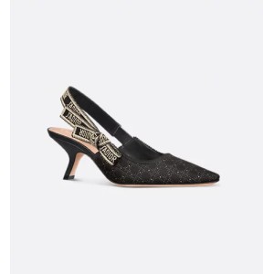 J'Adior slingback pumps Black fabric with gold metallic thread rattan embroidery