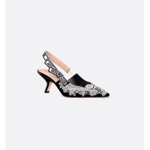 J'Adior slingback pumps Black calfskin leather with white rose embroidery