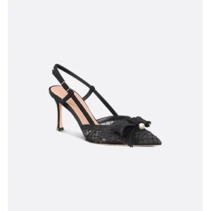Adiorable slingback pumps Transparent mesh with black cotton thread and crystal embroidery