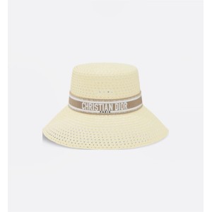 Dioriviera D-Bobby Large Brim Bucket Hat     Ivory Straw with Beige and White Embroidered Band