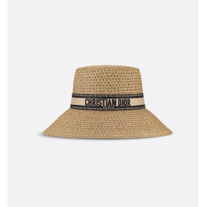D-Bobby Large Brim Hat   Straw with Beige and Black Embroidered Band