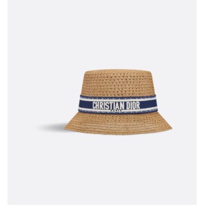 D-Bobby Small Brim Hat   Straw with Navy Blue and Ecru Embroidered Band