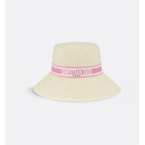 Dioriviera D-Bobby Large Brim Bucket Hat    Ivory Straw with Pink and White Embroidered Band 