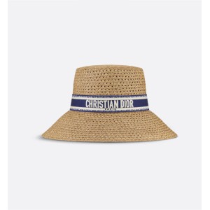 D-Bobby Large Brim Hat    Straw with Blue and White Embroidered Band