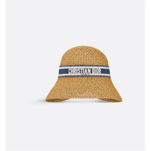 Dioriviera D-Wave Large Brim Cloche    Straw with Blue and White Embroidered Band