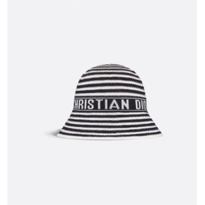 Dioriviera D-Tulipe Small Brim Cloche   Navy Blue and White Cotton-Blend Knit