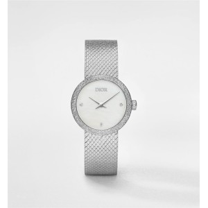 La D de Dior Satine Ø 25 MM, Steel, White Mother-Of-Pearl and Diamonds