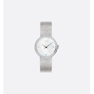 La D de Dior Satine Ø 25 MM, Steel, White Mother-Of-Pearl and Diamonds