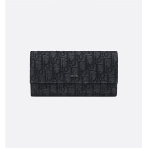 Long Flap Wallet Black Dior Oblique Jacquard
