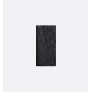 Saddle Long Vertical Wallet Black Grained Calfskin Marquetry and Black Dior Oblique Jacquard