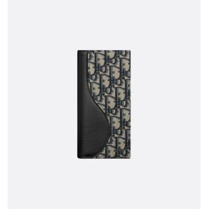 Saddle Long Vertical Wallet Black Grained Calfskin Marquetry with Beige and Black Dior Oblique Jacquard