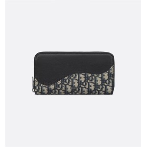 Saddle Long Zipped Wallet Black Grained Calfskin Marquetry with Beige and Black Dior Oblique Jacquard