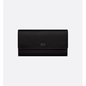 CD Icon Long Flap Wallet Black Grained Calfskin