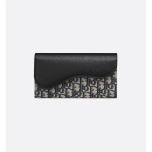 Saddle Long Wallet  Beige and Black Dior Oblique Jacquard with Black Grained Calfskin