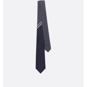 Striped Cannage Tie  Navy Blue, Gray and White Silk 
