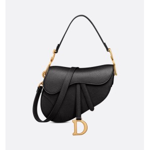 Saddle Bag with Strap  Black Grained Calfskin