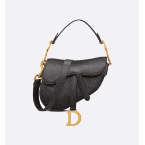 Mini Saddle Bag with Strap  Black Grained Calfskin